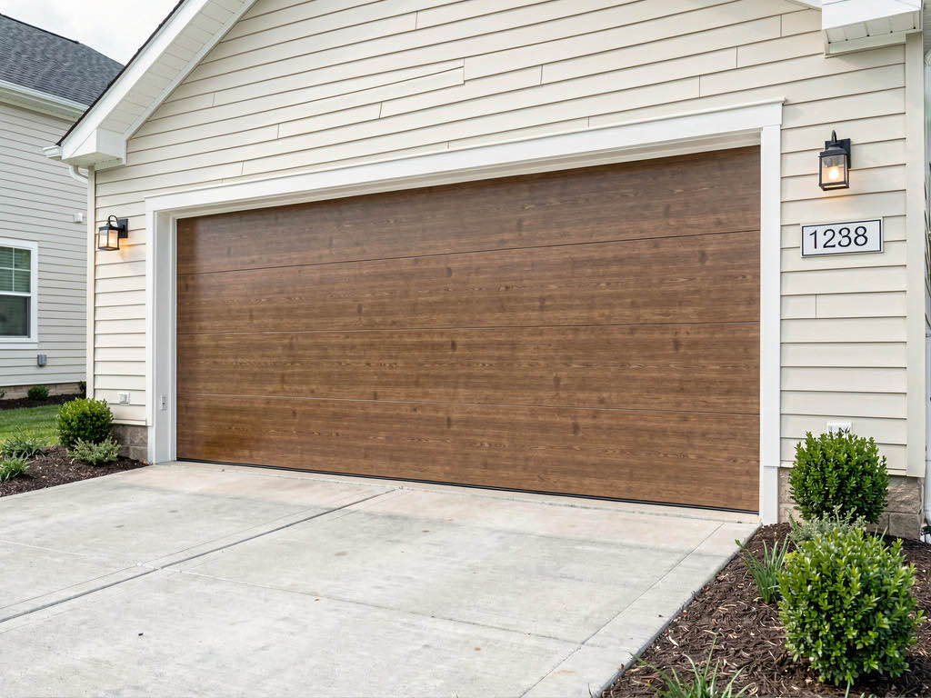 Garagem e entrada renovadas — portao com acabamento em madeira, calcada de concreto, paisagismo lateral e iluminacao externa