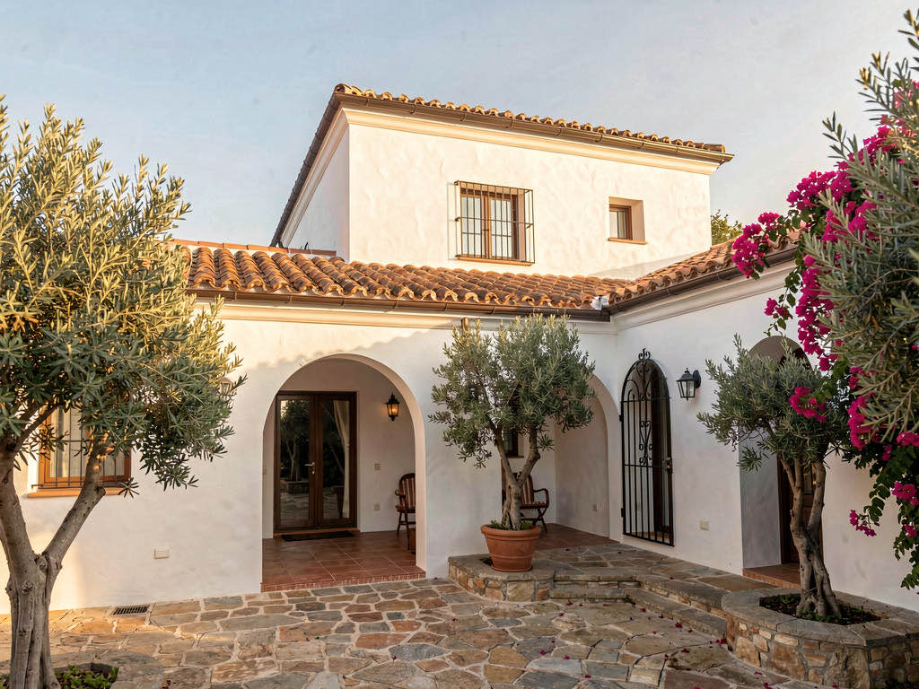 Casa no estilo mediterraneo com paredes brancas, telhado de telha em terracota, arcos e vegetacao tropical — gerada pelo Remodel AI
