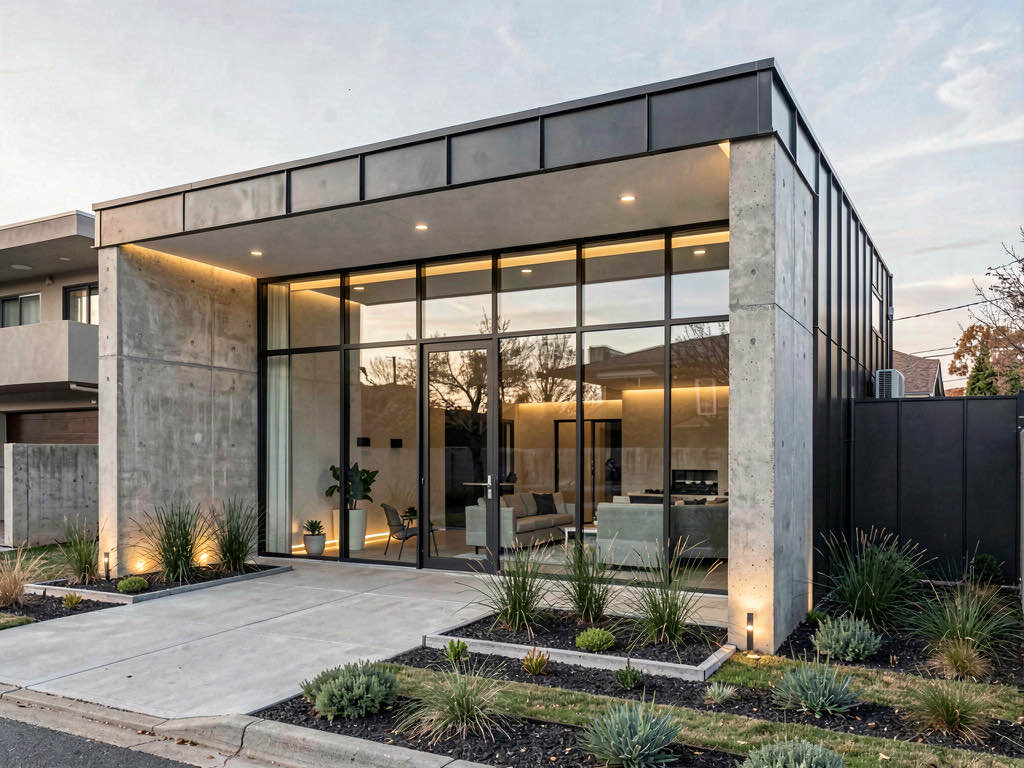 Casa moderna contemporanea com telhado plano, janelas do chao ao teto, paredes de concreto aparente e paisagismo minimalista