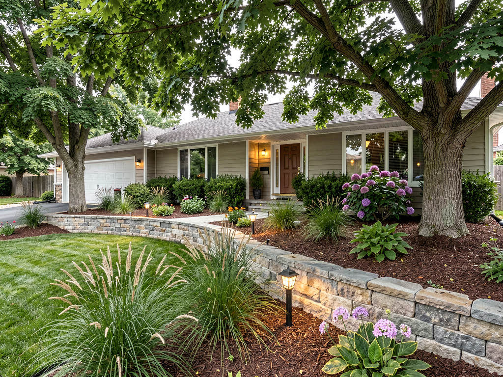 Fachada com paisagismo renovado — gramado verde, plantas ornamentais, arbustos floridos e iluminacao de jardim