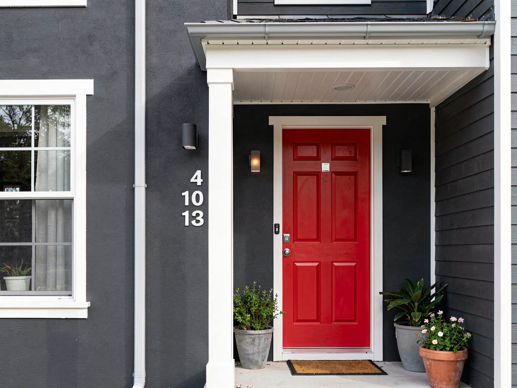 Fachada com mudanca de cor de pintura — paredes cinza carvao, guarnecao branca e porta vermelha
