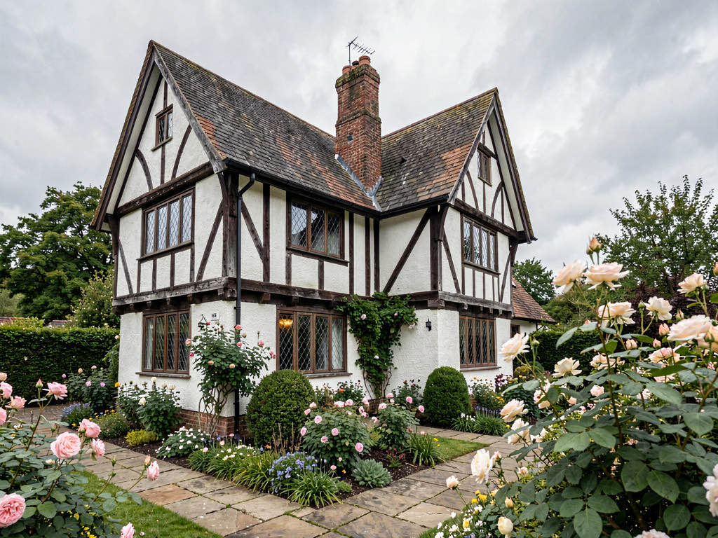 Casa no estilo tudor com vigas de madeira escura sobre stucco branco, telhado inclinado e jardim ingles com rosas