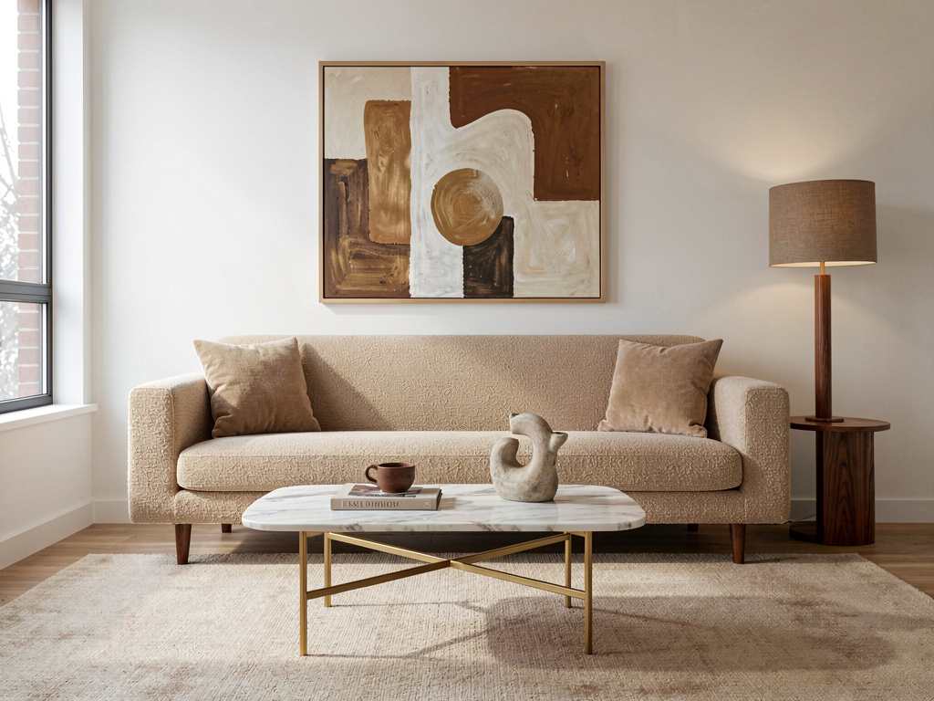 Contemporary mid century modern living room with bouclé sofa and marble coffee table