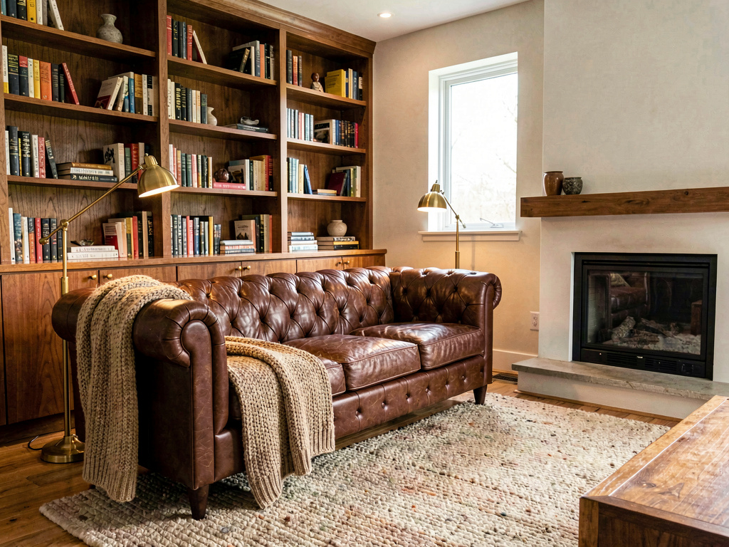Cozy mid century modern living room with chocolate leather sofa, books and warm lighting