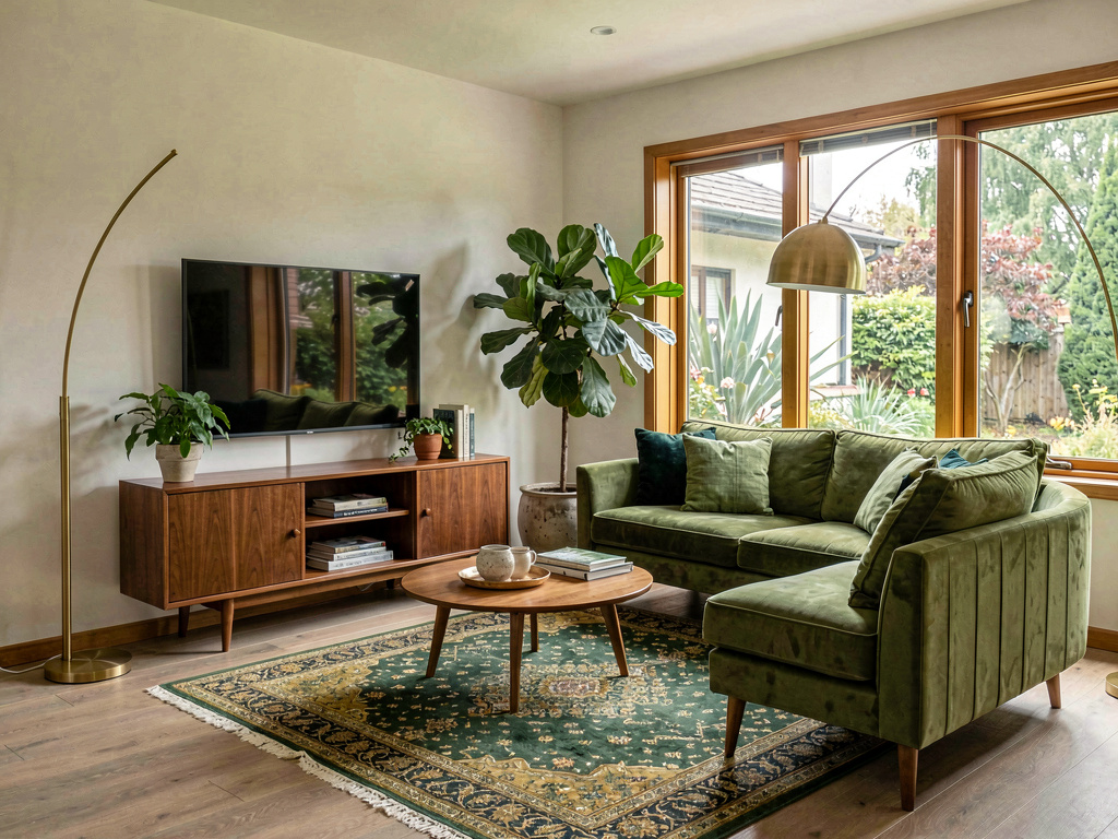 Mid century modern living room with olive green velvet sofa, large plant and teak furniture