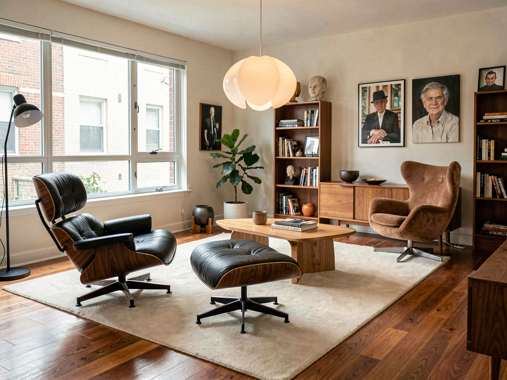 Mid century modern living room with Eames lounge chair, Noguchi table and Nelson lamp