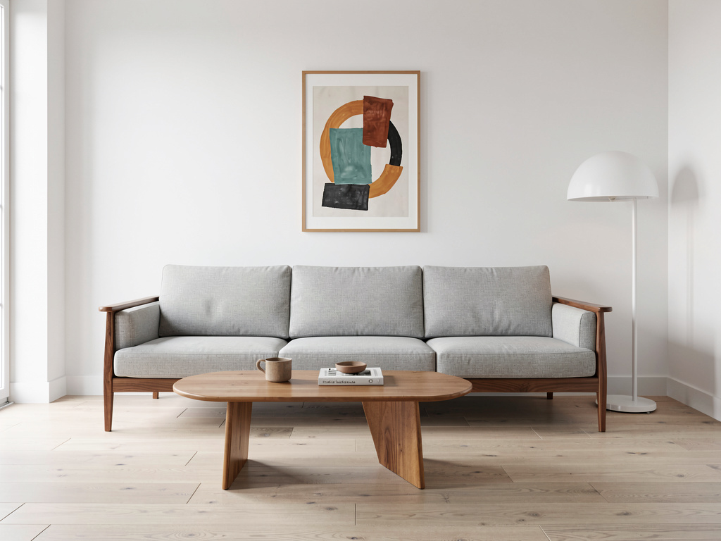 Minimalist mid century modern living room with gray sofa, Noguchi table and single artwork