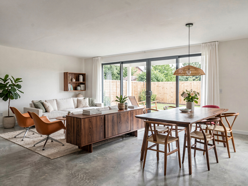 Open-plan mid century modern living and dining area with walnut credenza divider
