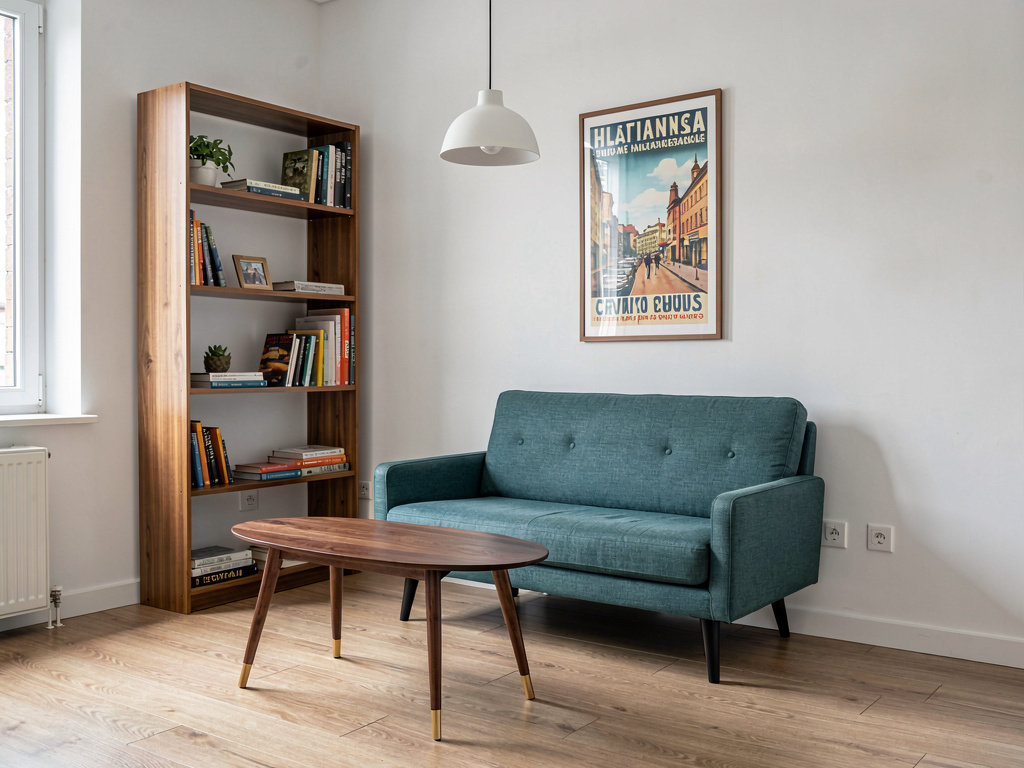 Small mid century modern living room with compact teal loveseat and travel poster