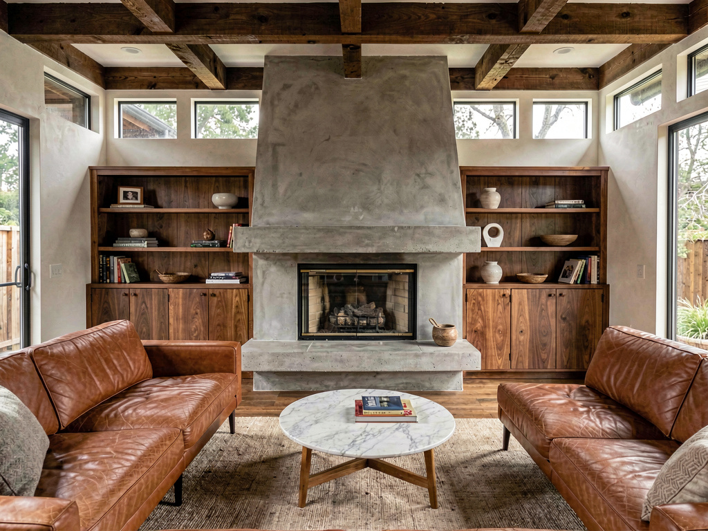 Mid century modern living room with floating concrete fireplace and cognac leather sofa