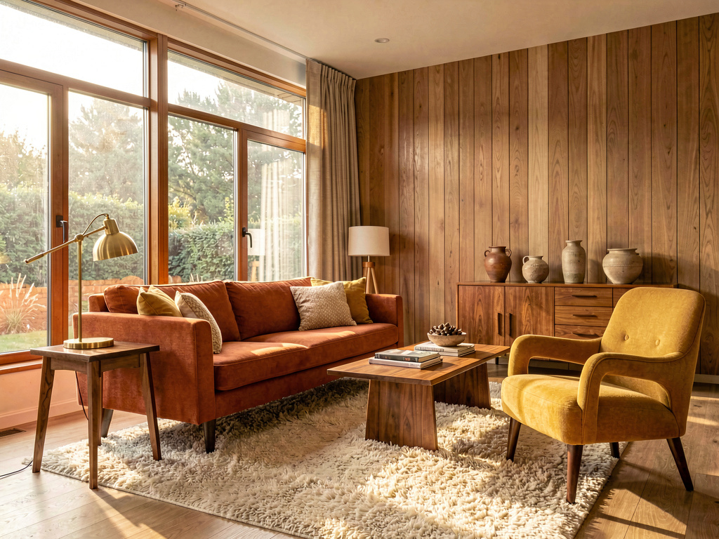 Mid century modern living room with burnt orange sofa, teak side table and mustard accents