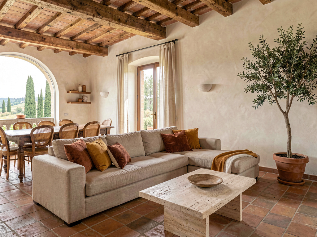 Stessa casa resa in stile country moderno — interno ed esterno insieme