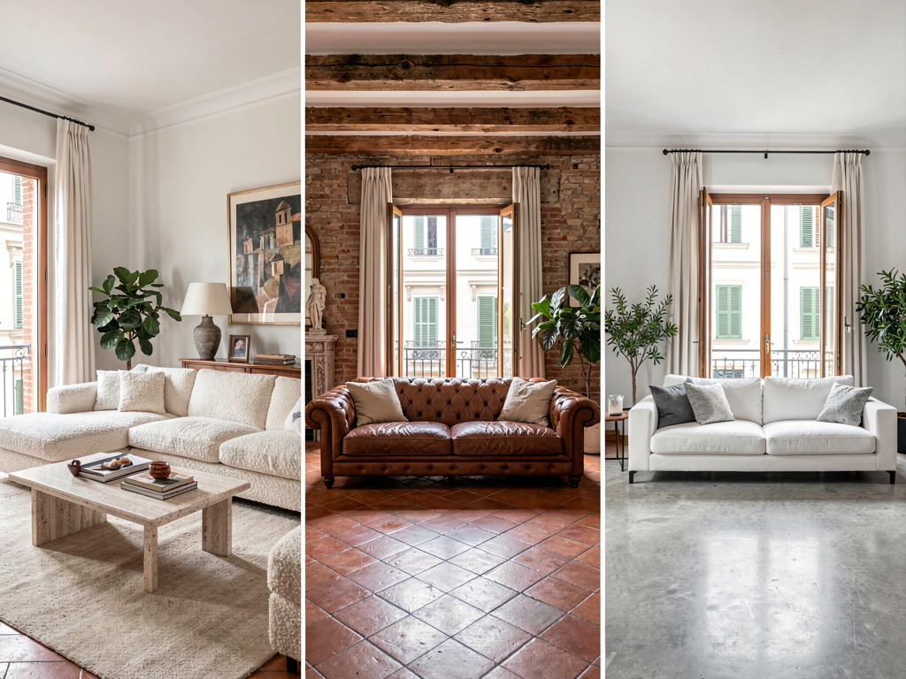 Singolo soggiorno reso in tre stili diversi con Remodel AI livello gratuito