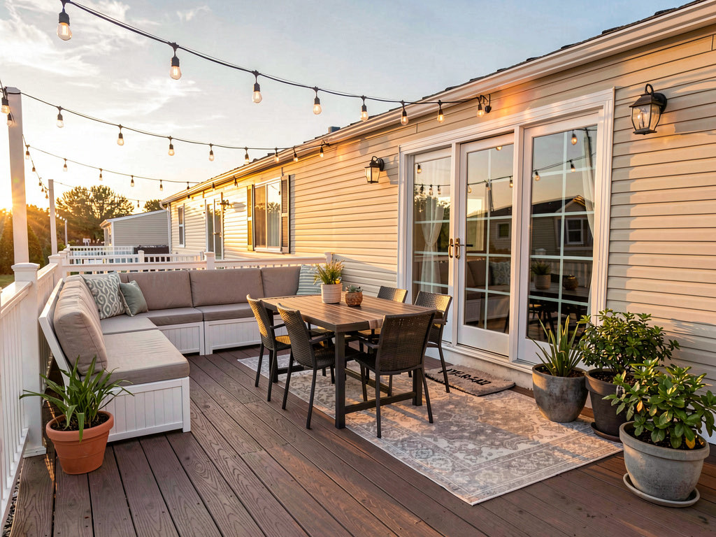 Large composite deck on a mobile home with built-in seating, string lights, outdoor dining table and French doors