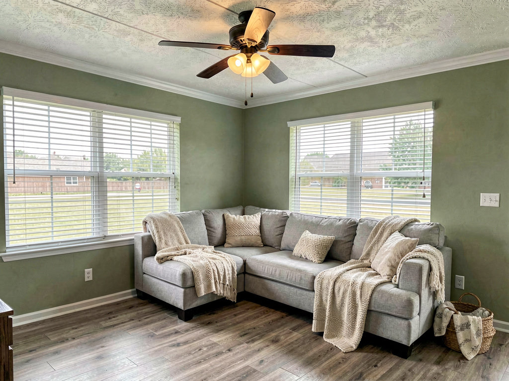 Mobile home living room with sage green accent wall, new laminate flooring, and white crown molding