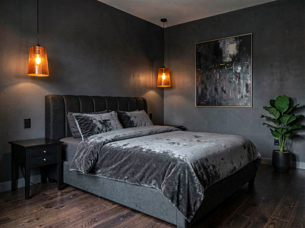 Modern bedroom ideas dark moody with charcoal walls black bed amber pendant lights and green plant