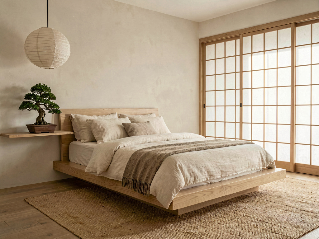 Modern bedroom ideas Japandi with low ash platform bed paper lantern and bonsai
