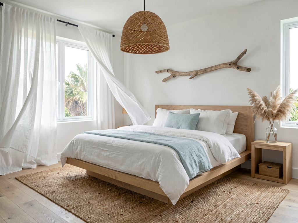 Modern bedroom ideas coastal with white and pale blue bedding rattan pendant light and jute rug
