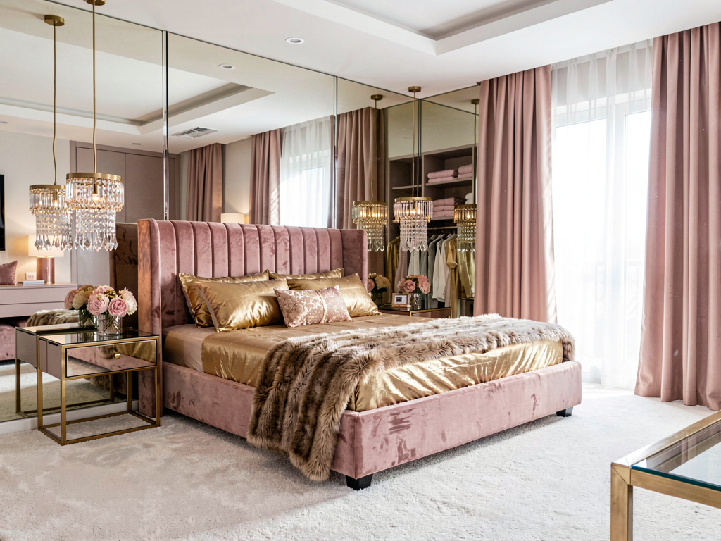 Modern bedroom ideas glam with dusty rose velvet bed brass nightstands and crystal pendant lights