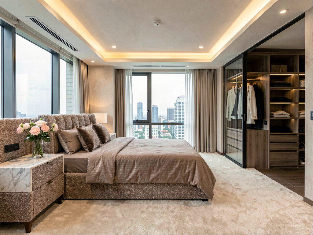 Modern bedroom ideas luxury master with bouclé bed marble nightstands and city view