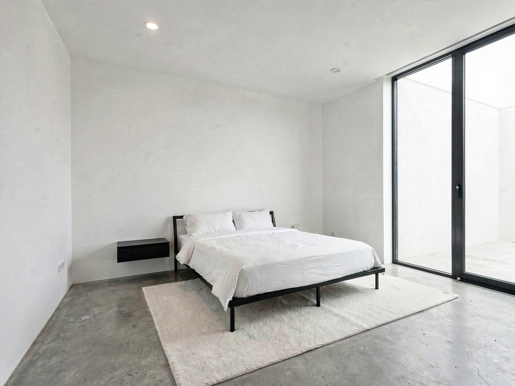Modern bedroom ideas minimalist with black metal bed frame white bedding and concrete floor