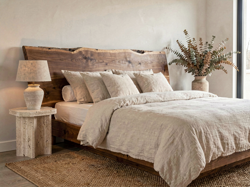 Modern bedroom ideas organic modern with live-edge walnut headboard and travertine side table
