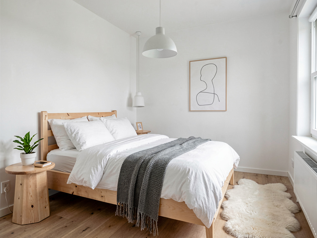 Modern bedroom ideas Scandinavian with white walls birch bed frame and knit throw