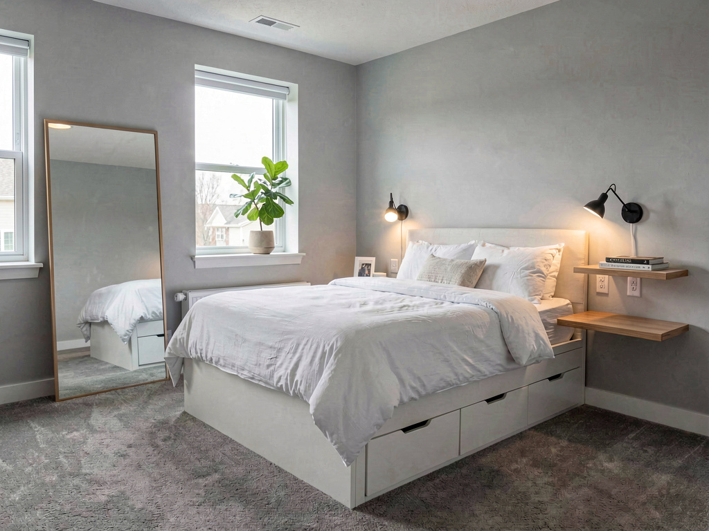 Modern bedroom ideas small room with platform storage bed floating nightshelf and wall light