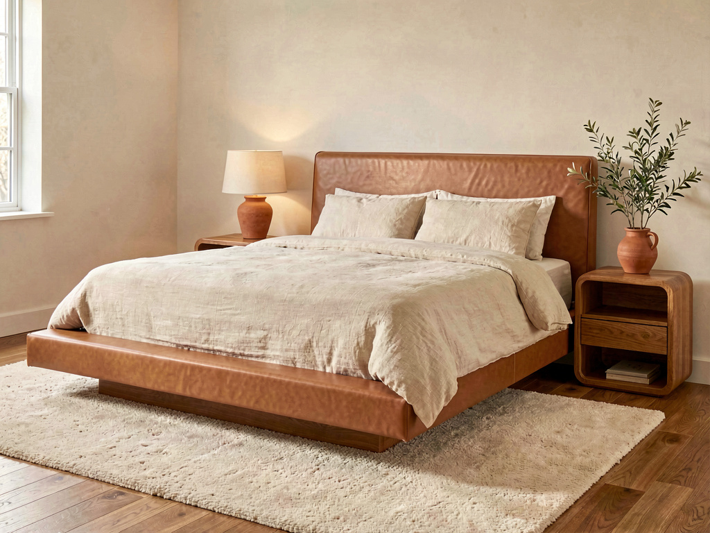 Modern bedroom ideas warm modern with camel leather headboard and oak nightstands