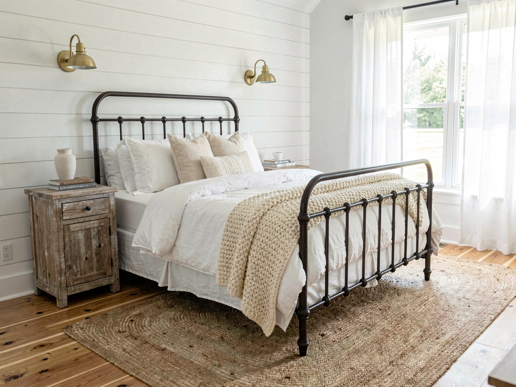 Modern farmhouse bedroom with iron bed frame and shiplap accent wall