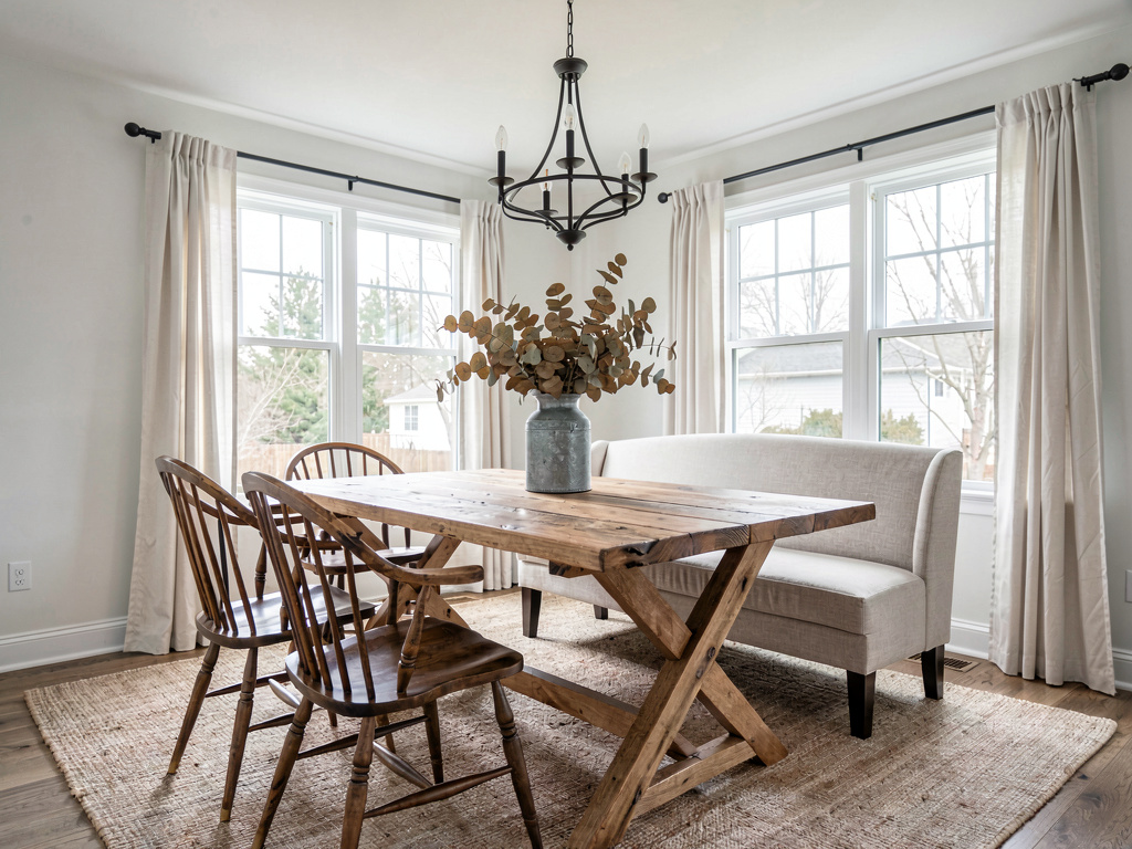 Modern farmhouse dining room with trestle table and Windsor chairs