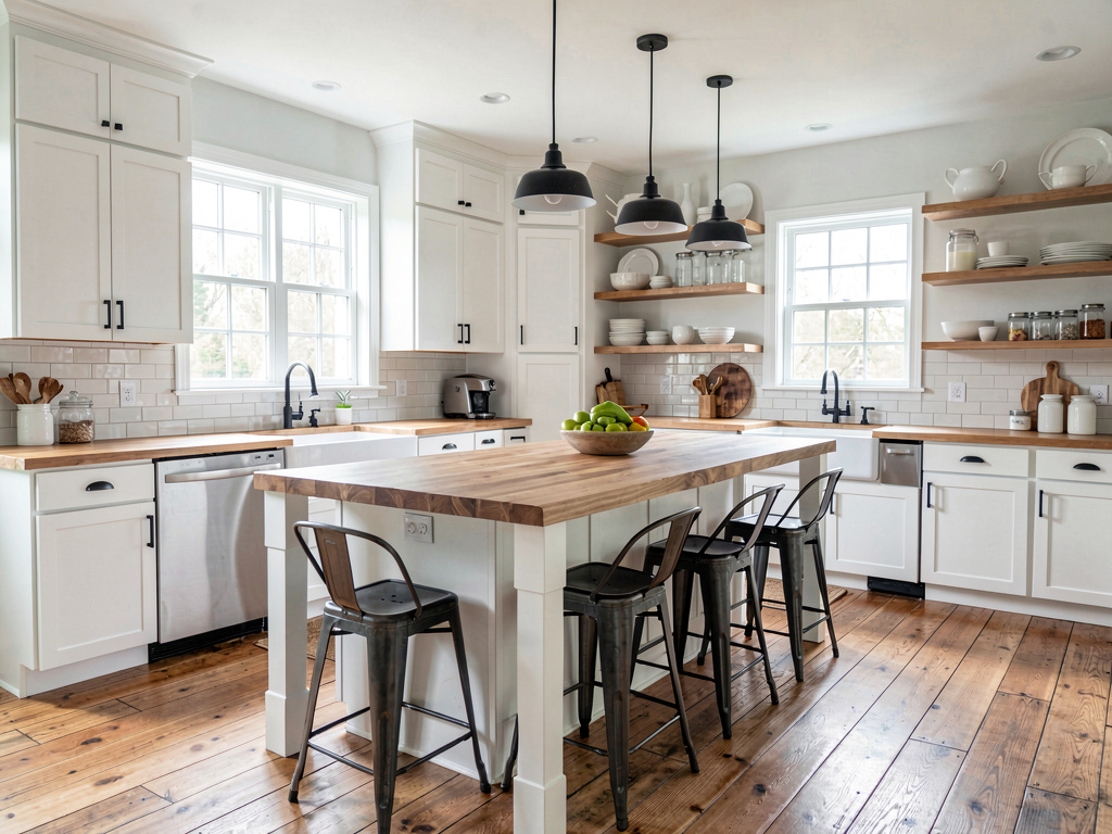Modern farmhouse interior kitchen with shaker cabinets and butcher block island