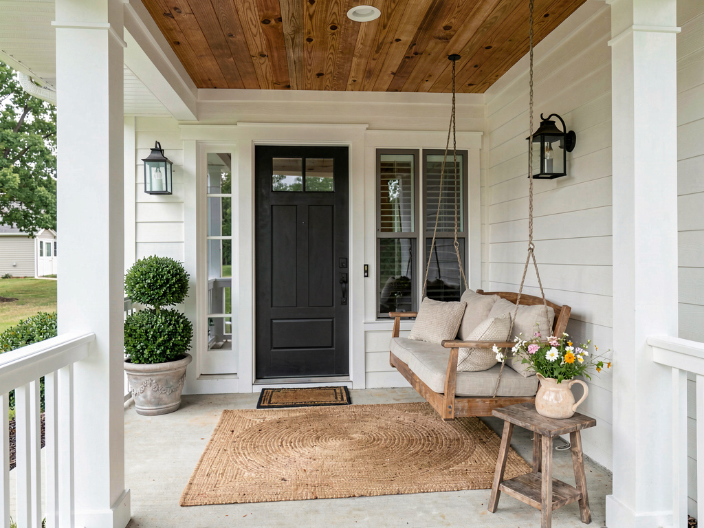 Modern farmhouse front porch with swing and potted plants