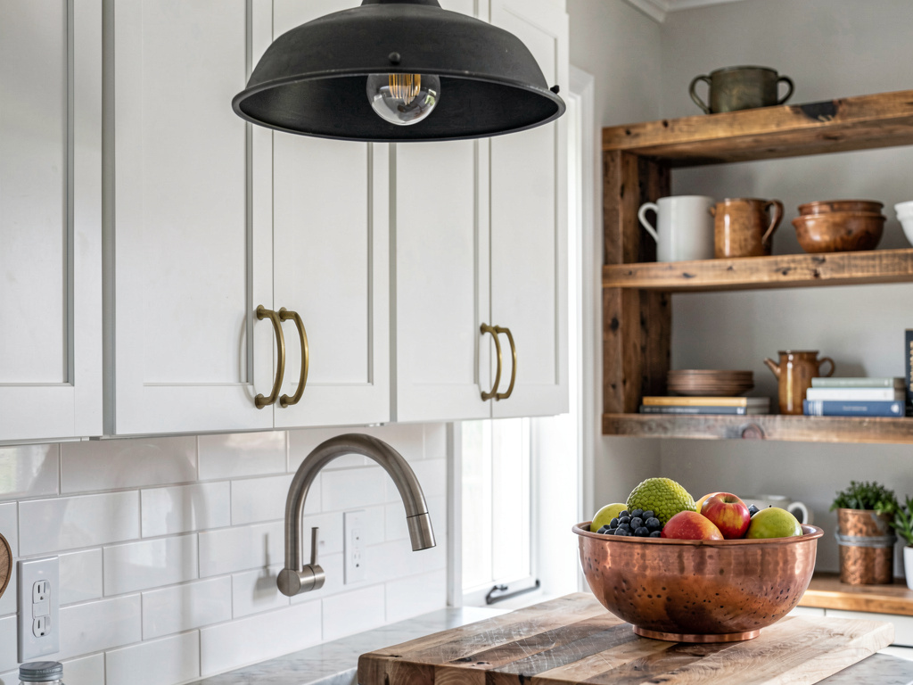 Mixed metal finishes in a modern farmhouse interior kitchen