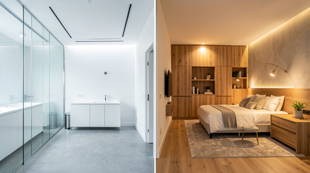 Comparison of a cold modern room (all white, no texture) versus a warm modern room (wood, textiles, plants)