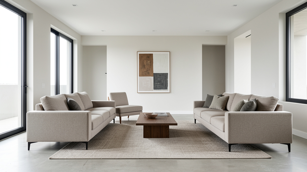 Modern living room demonstrating core principles — clean lines, open plan, neutral palette, functional furniture