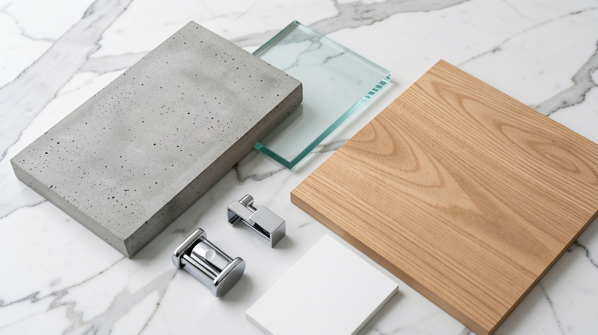 Flat lay of modern interior materials — white oak, concrete, black steel, leather, glass and linen