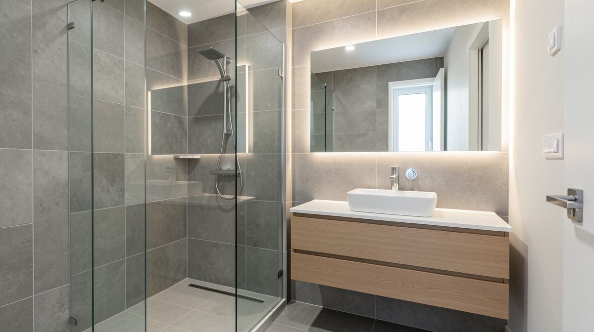 Modern bathroom with floating vanity, frameless glass shower, large format tile and matte black fixtures