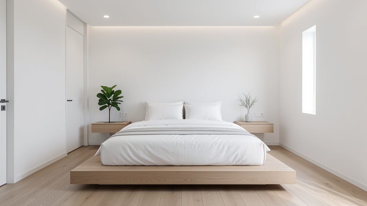 Modern bedroom with upholstered platform bed, floating nightstands, soft lighting and minimal decor