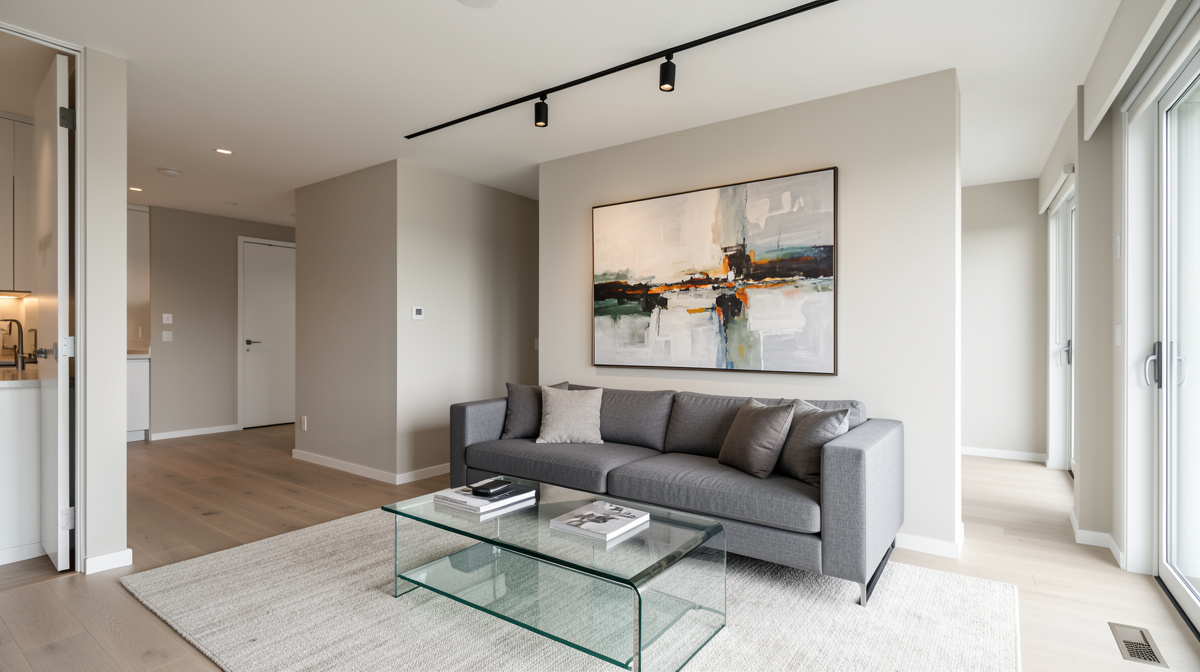 Modern living room with low-profile gray sectional, walnut media console and floor-to-ceiling windows