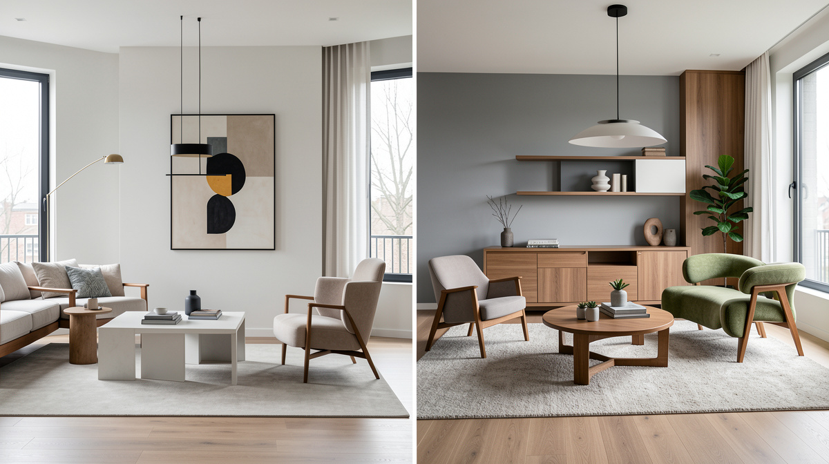 Side by side comparison of a modern room with mid-century furniture and a contemporary room with mixed-era pieces