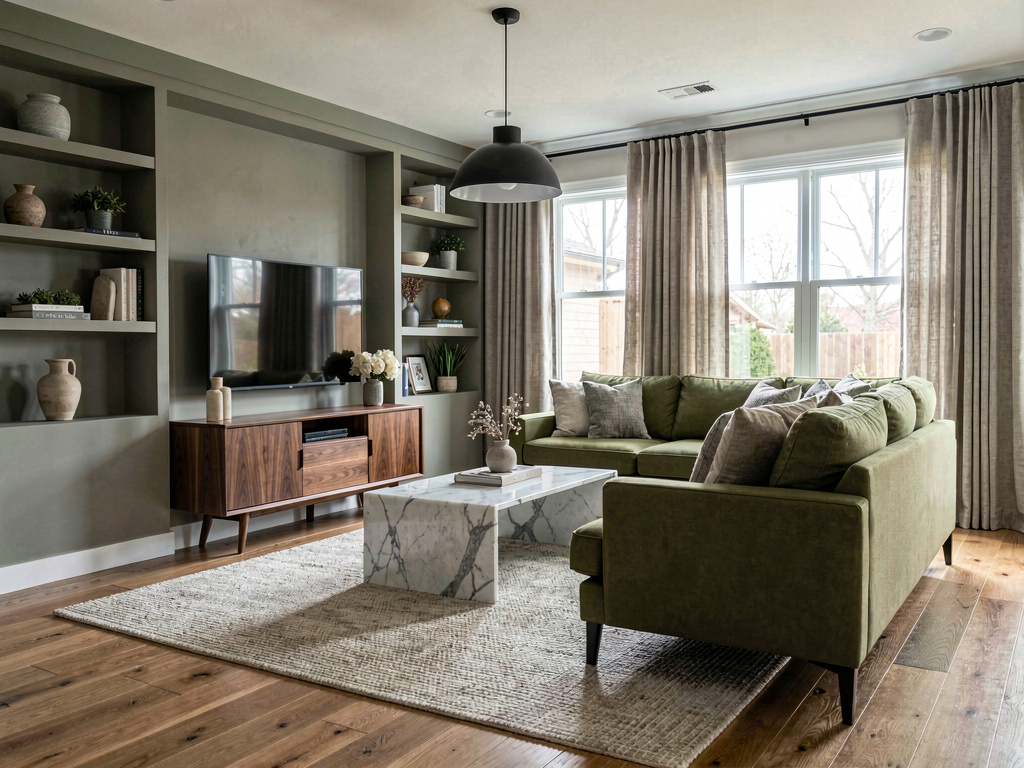 Modern living room with mid-range furniture, walnut media console and quality wool rug