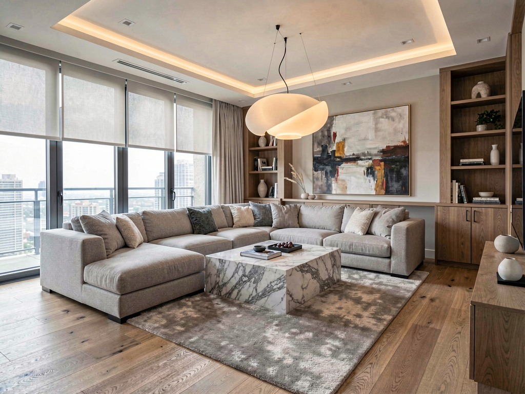 High-end modern living room with custom sectional, designer lighting and marble coffee table