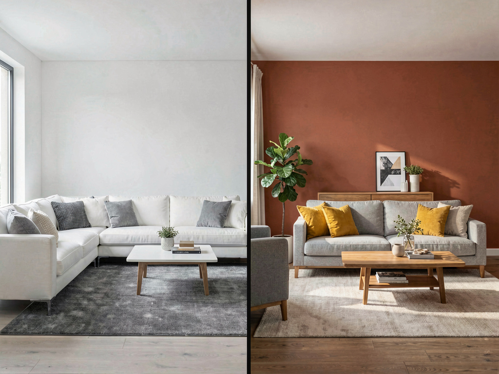 Comparison of a modern living room in cold grays versus the same room with warm accent colors