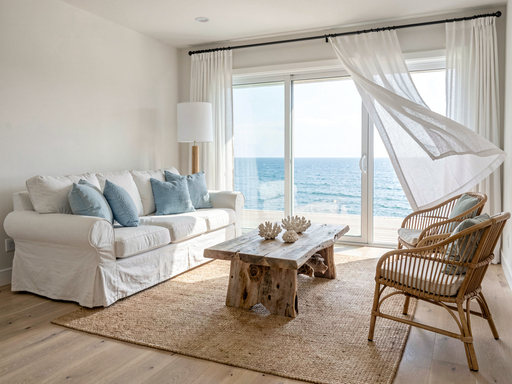 Modern coastal living room with white linen sofa, driftwood table and ocean view