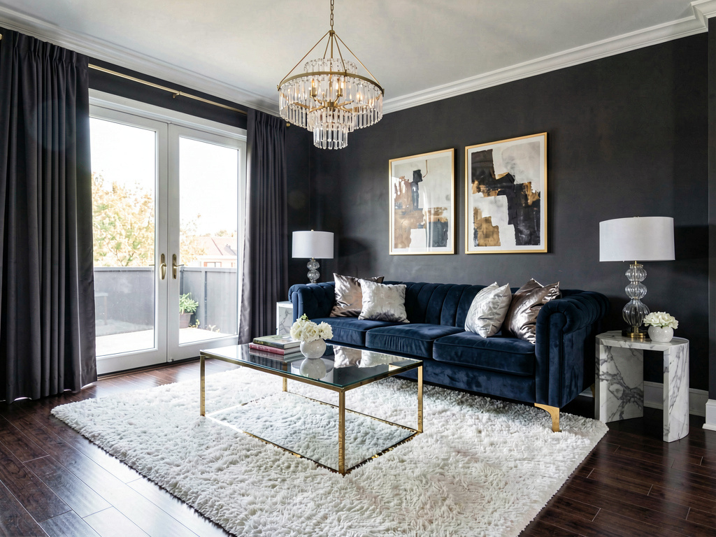 Modern glam living room with navy velvet sofa, mirrored coffee table and geometric chandelier