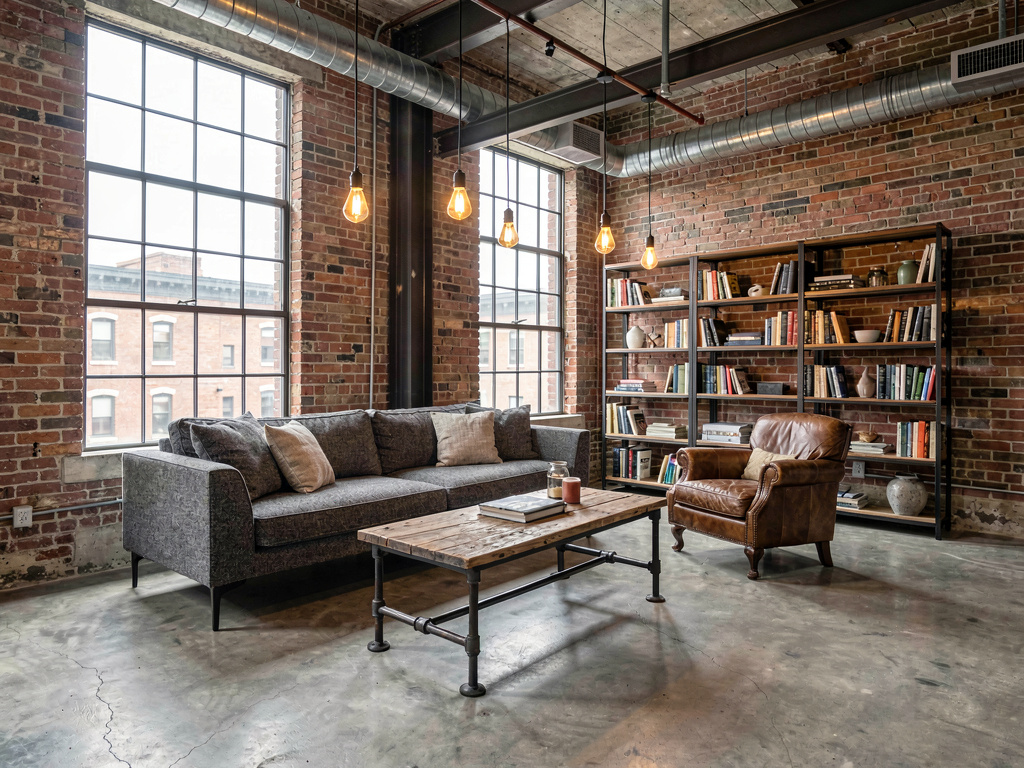 Modern industrial living room in a loft with exposed brick, steel windows and reclaimed wood