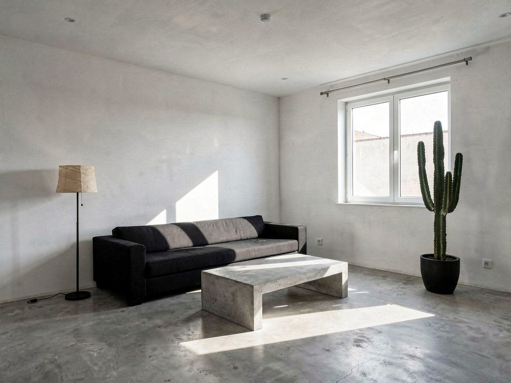 Modern minimalist living room with black sofa, concrete coffee table and single cactus
