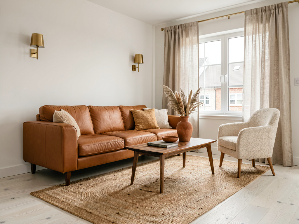 Warm modern living room with camel leather sofa, walnut coffee table and bouclé accent chair