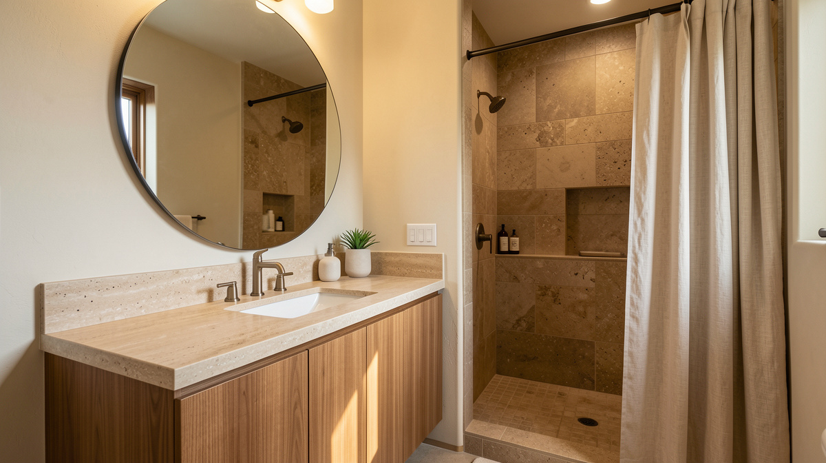 Organic modern bathroom with fluted vanity, vessel sink, brushed brass fixtures, and natural stone
